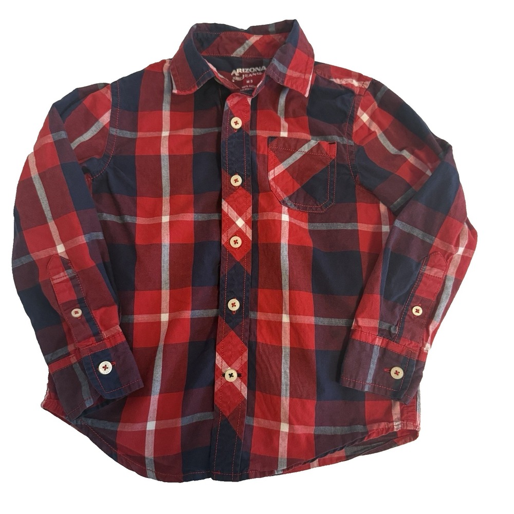 Arizona Button Up Plaid Shirt Boy's Size M 5  Red Blue Long Sleeve 100%‎ Cotton